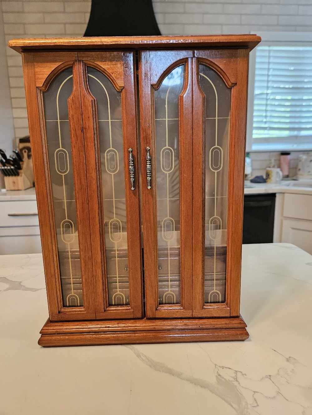 Vintage art deco tall wood jewelry box with glass in double doors